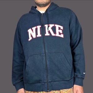 Nike Full Zip Hoodie Mens XL Navy Blue Good Spellout Athletic Dept Logo